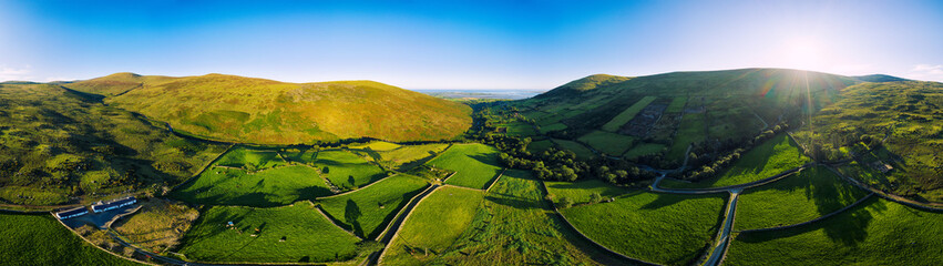 aerial panoramic view of summer countryside sunset, Northern Ireland