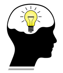 Human head with yellow lightbulb and brain vector illustration. Business concept illustration for brainstorm, idea, creativity, thinking, solution and invention projects and presentations.