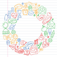 Back to school. Vector illustration with icons about education. English learning. Online internet courses.