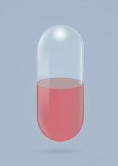 Transparent red capsule pill on blue background with copy space