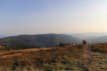 A view to the hilly landscape from the peak of the mountain Kralicky Sneznik, Czech republic