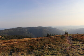 A view to the hilly landscape from the peak of the mountain Kralicky Sneznik, Czech republic