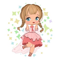 Little girl. Vector isolated illustration. Beautiful fashionable child. Surrounded by stars. Flat cartoon style