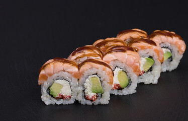Sushi rolls Roll on black background. Sushi menu. Japanese food