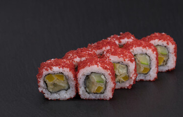 Sushi rolls Roll on black background. Sushi menu. Japanese food