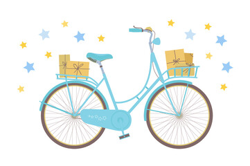 Cute summer city bicycle. Vintage mint bicycle with post parcels isolated on white background with stars. Sweet cartoon flat style design vector illustration. Urban feminine ride frame.