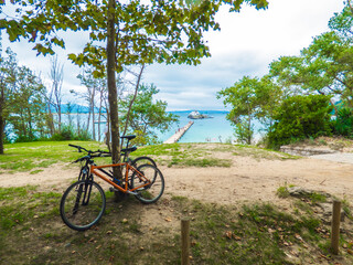 Dos bicicletas apoyadas en un &aacute;rbol de un parque, y al fondo un muelle que se extiende hasta una edificaci&oacute;n en una peque&ntilde;a isla de la bah&iacute;a de Santander, Espa&ntilde;a