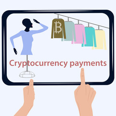 Cryptocurrency payments - tablet in hands, dummy, clothes on a bracket - vector. Online shopping.