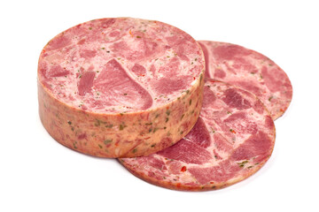 Ham sausage slices, isolated on white background. High resolution image