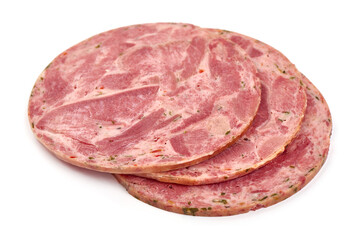 Ham sausage slices, isolated on white background. High resolution image