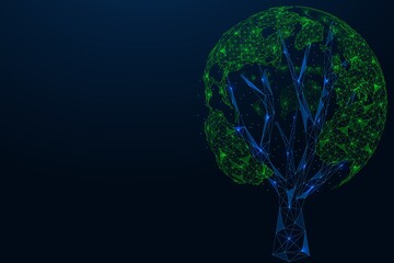 Planet Earth Day. The tree trunk holds the green continents. The concept of environmental protection. Polygonal construction of lines and points.