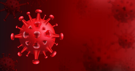 Coronavirus flu background. Danger public health risk disease. Influenza outbreak. The pandemic concept with realistic virus cells. Abstract vector visualization of COVID-19 virus cells in red.
