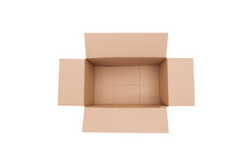 Open empty rectangular cardboard box on white background. Mockup for design and advertising. Brown craft paper or carton box mock up.