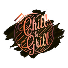 Chill and grill watercolor logo. BBQ grill - 421124370