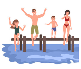 Happy family with children jumping into the water. Father, mother and children are having fun together.
