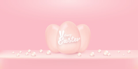 Fototapeta na wymiar Happy Easter bright pink horizontal banner with soft 3d realistic egg on pastel pink background. Soft clay 3d style happy easter concept vector illustration. Happy easter background