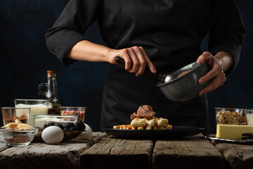 Chef prepares sweet waffles, pastries. Cooking recipes, delicious food