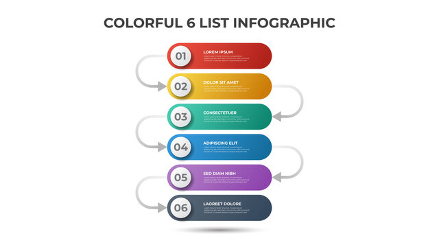 Colorful layout with 6 points of steps or list with arrows, infographic element template vector.