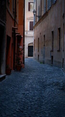 Narrow cobbled street in Trastevere neighborhood, Rome, Italy