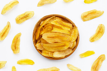 Banana slice chips on white background.