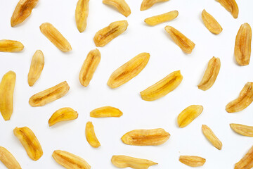 Banana slice chips on white background.