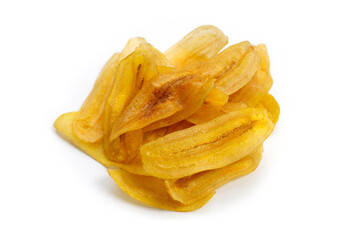Banana slice chips on white background.