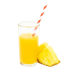 Fototapeta premium Fresh homemade pineapple juice in a glass with slices and a straw isolated on white background.