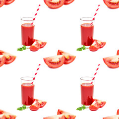 Red tomato juice in the glass with slices repeat seamless pattern on white background.