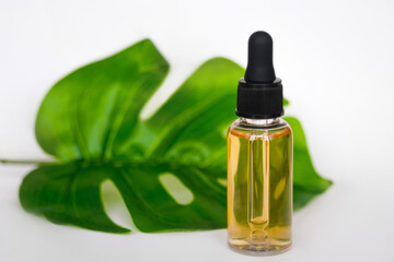 Serum container with pipette and tropical leaf on white background. Organic beauty product, skincare concept. Cosmetics container mockup.