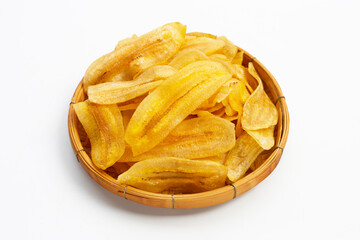 Banana slice chips on white background.