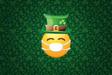 Vector Emoji sticker with mouth medical protection mask and saint Patricks green hat isolated on green horizontal background. Yellow st. Patricks smile face character with hat and white surgeon mask.