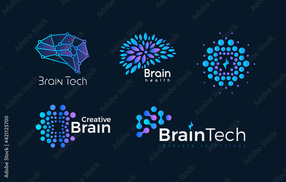 Poster abstract dotted brain, vector logo set. dots human head shape icon collection for science, machine l