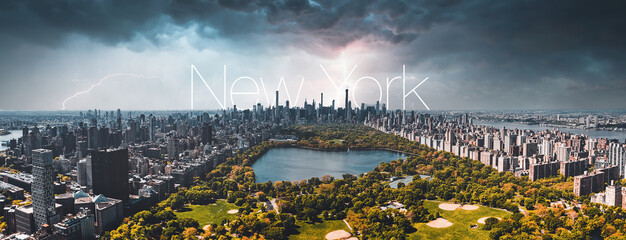 Aerial view of the Central Park in Manhattan, New York during a heavy storm and lightning. Huge...