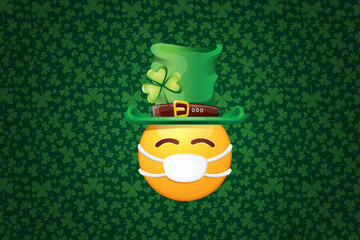Fototapeta premium Vector Emoji sticker with mouth medical protection mask and saint Patricks green hat isolated on green horizontal background. Yellow st. Patricks smile face character with hat and white surgeon mask.