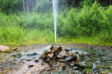 A beautiful natural fountain gushing out of the ground. Close-up. Selective focus. Background. Scenery.