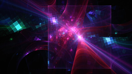 Abstract background, smooth multicolored lines on a black background.