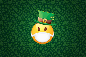 Vector Emoji sticker with mouth medical protection mask and saint Patricks green hat isolated on green horizontal background. Yellow st. Patricks smile face character with hat and white surgeon mask.
