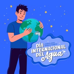 Concepto de "Cuidado del agua". Día internacional del agua. Personaje sujetando el planeta tierra. © SirArbusto