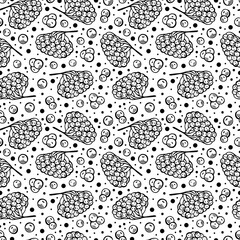 Hand-drawn black and white seamless pattern with rowan berries. Can be used for gift paper, textile, autumn greeting cards, wallpaper, pattern fill. Vector illustration