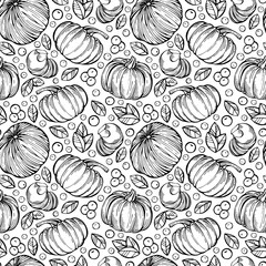 Hand-drawn black and white seamless pattern with berries, leaves and pumpkins. Can be used for gift paper, textile, autumn greeting cards, wallpaper, pattern fill. Vector illustration