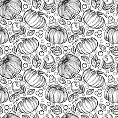 Hand-drawn black and white seamless pattern with berries, leaves and pumpkins. Can be used for gift paper, textile, autumn greeting cards, wallpaper, pattern fill. Vector illustration