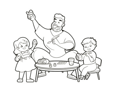 Coloring book: Children with dad paint Easter eggs for Easter. Happy family, Father's Day. Vector illustration in cartoon style, black and white line art