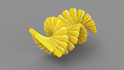 Yellow waving shapes. Gray background. Abstract illustration, 3d render.