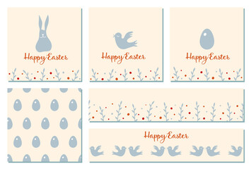 Set of Easter cards and seamless patterns. Silhouette. Bunny, bird, egg, pussy-willow.