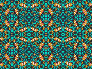 Wallpaper Geometric Seamless Ornament Abstract Pattern Green, Black, Blue, and Gold Yellow with Red Dots For print and Background. Geometric Tile Digital Paper.