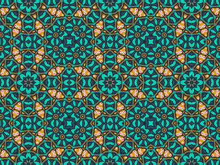 Wallpaper Geometric Seamless Ornament Abstract Pattern Green, Black, Blue, and Gold Yellow with Red Dots For print and Background. Geometric Tile Digital Paper.