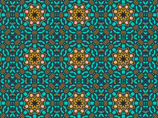 Wallpaper Geometric Seamless Ornament Abstract Pattern Green, Black, Blue, and Gold Yellow with Red Dots For print and Background. Geometric Tile Digital Paper.