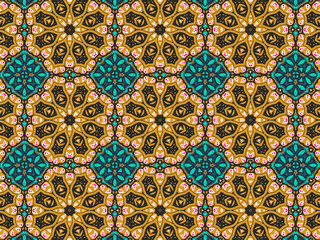 Wallpaper Geometric Seamless Ornament Abstract Pattern Green, Black, Blue, and Gold Yellow with Red Dots For print and Background. Geometric Tile Digital Paper.