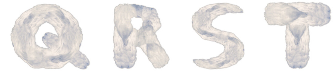 The letters Q, R, S, T are made of rain clouds