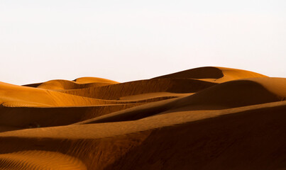 Fototapeta na wymiar Sand desert at sunset and the shadow of the dunes